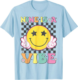 Nine is A Vibe 9th Birthday Groovy Smile Face 9 Years Old T-Shirt - T-Shirt | Light Blue