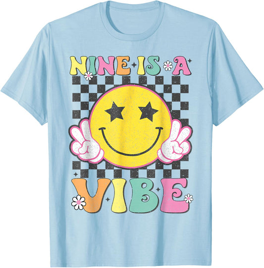 Nine is A Vibe 9th Birthday Groovy Smile Face 9 Years Old T-Shirt - T-Shirt | Light Blue