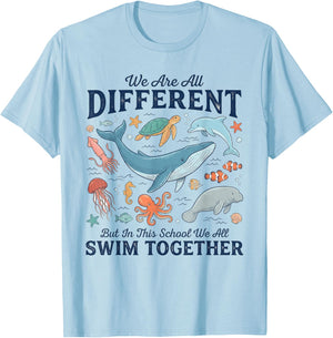 Different Swim Together Ocean Animals School T-Shirt - T-Shirt | Light Blue
