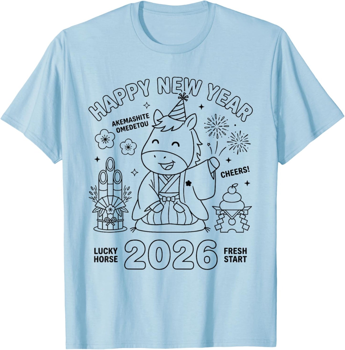 Happy New Year 2026 Cute Horse Japanese Celebration Graphic T-Shirt - T-Shirt | Light Blue