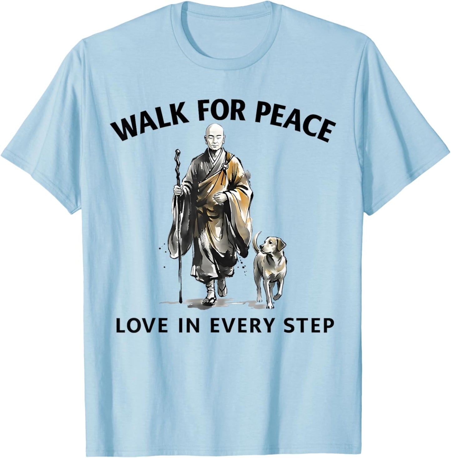 Retro Peace Walking Monks & Dog Minimalist Zen Art T-Shirt - T-Shirt | Light Blue