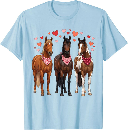 Valentines Day Horses Hearts Bandanas Love Equestrian Girls T-Shirt - T-Shirt | Light Blue