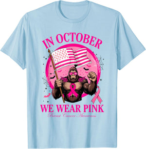 Bigfoot Pink Ribbon Breast Cancer Awareness Month Women Men T-Shirt - T-Shirt | Light Blue