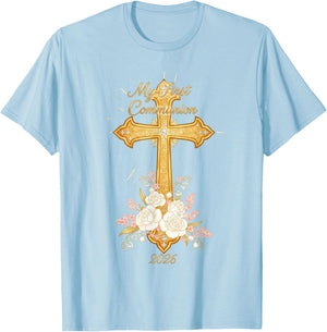 My First Communion 2026 Floral Cross Catholic Girls T-Shirt - T-Shirt | Light Blue