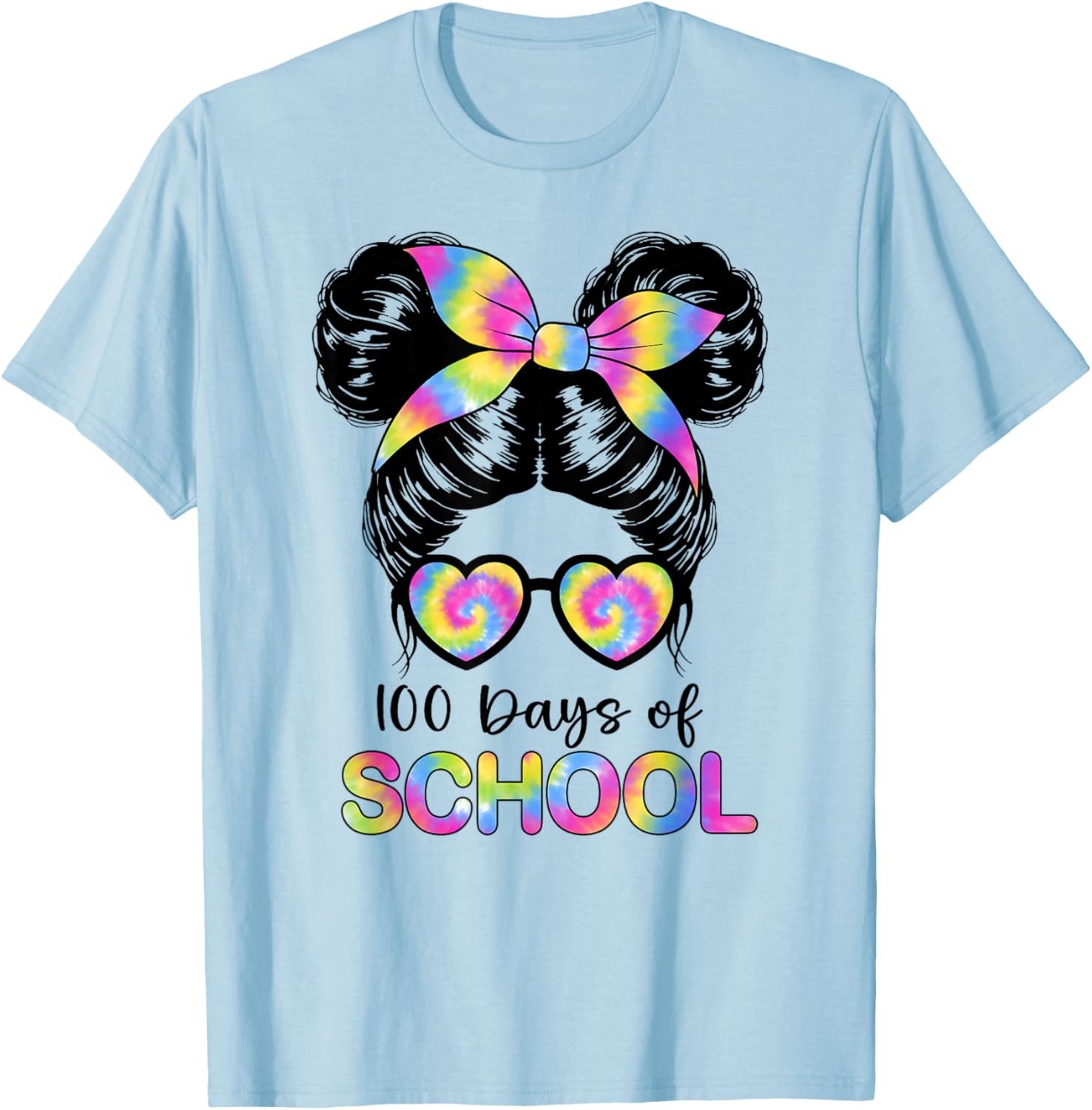100 Days Smarter Girls Messy Bun Hair 100th Day of School T-Shirt - T-Shirt | Light Blue