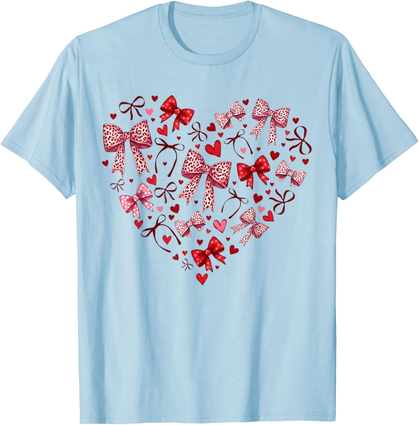 Valentines Day Hearts Leopard Coquette Bow Women Girls Boys T-Shirt - T-Shirt | Light Blue