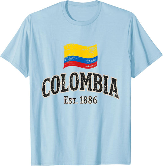 Retro Colombia Country Colombian Flag Heart Colombia Pride T-Shirt - T-Shirt | Light Blue