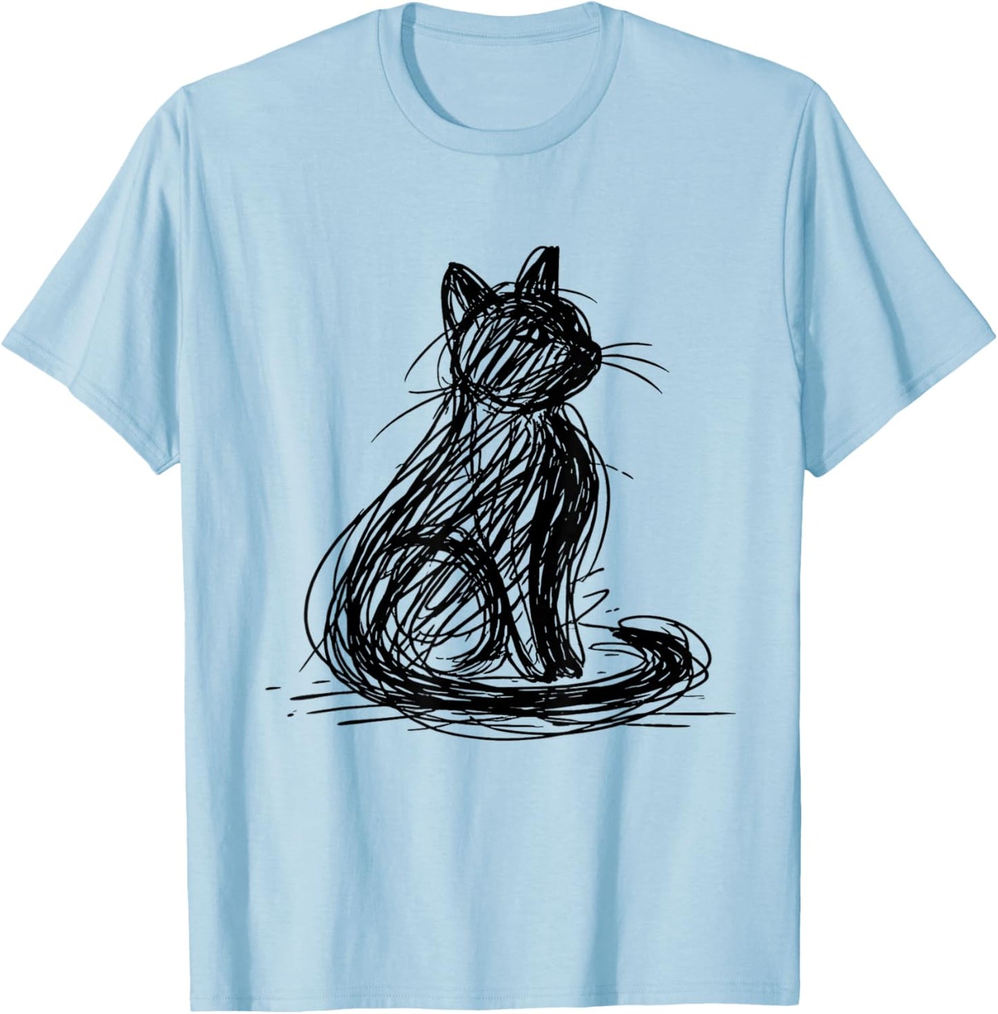 Black Scribble Cat Minimal Line Art Japanese T-Shirt - T-Shirt | Light Blue