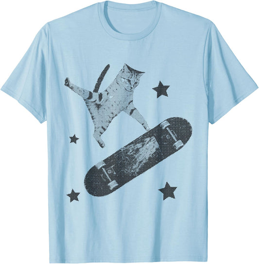 Y2K Cat On Skateboard T-Shirt - T-Shirt | Light Blue