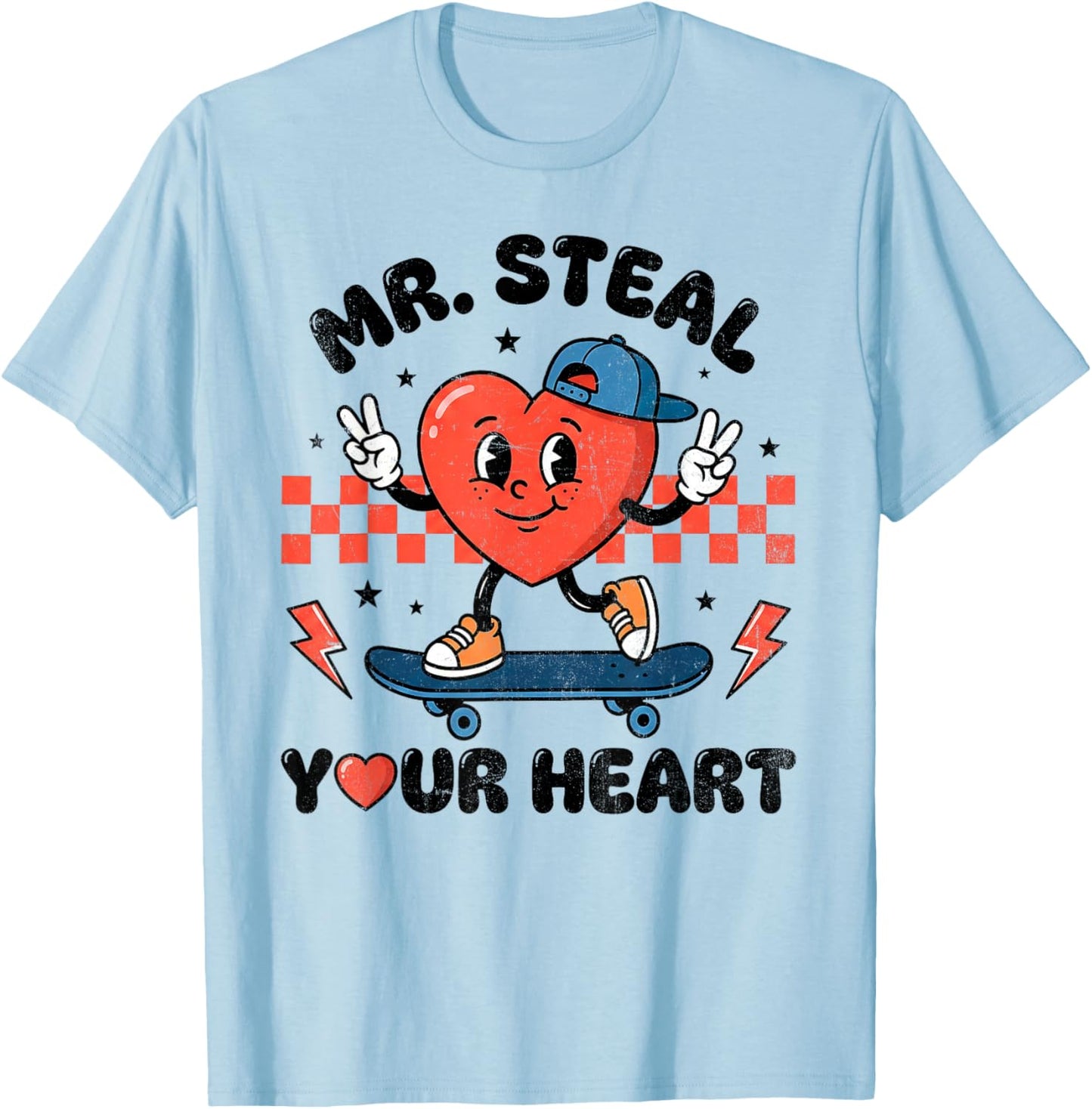 Cute Mr Steal Your Heart Checkered Valentine Boy Skateboard T-Shirt - T-Shirt | Light Blue