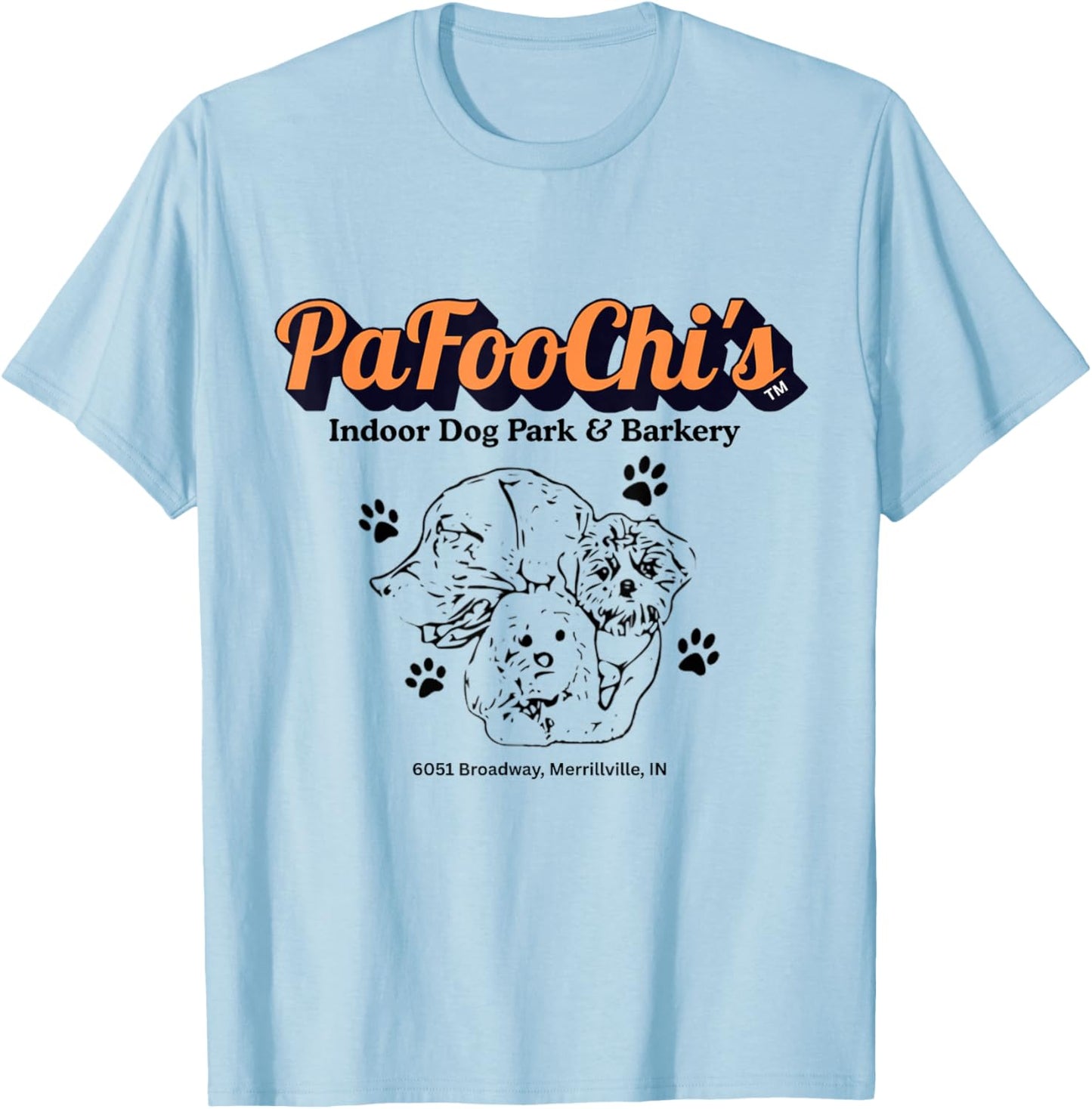 PaFooChi's Indoor Dog Park Two Sided Advertising Logo Brand T-Shirt - T-Shirt | Light Blue