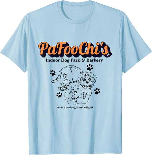 PaFooChi's Indoor Dog Park Two Sided Advertising Logo Brand T-Shirt - T-Shirt | Light Blue