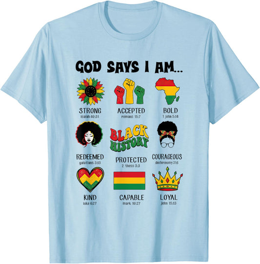 God Says I-Am Black History Afro Women Bible Verse Christian T-Shirt - T-Shirt | Light Blue