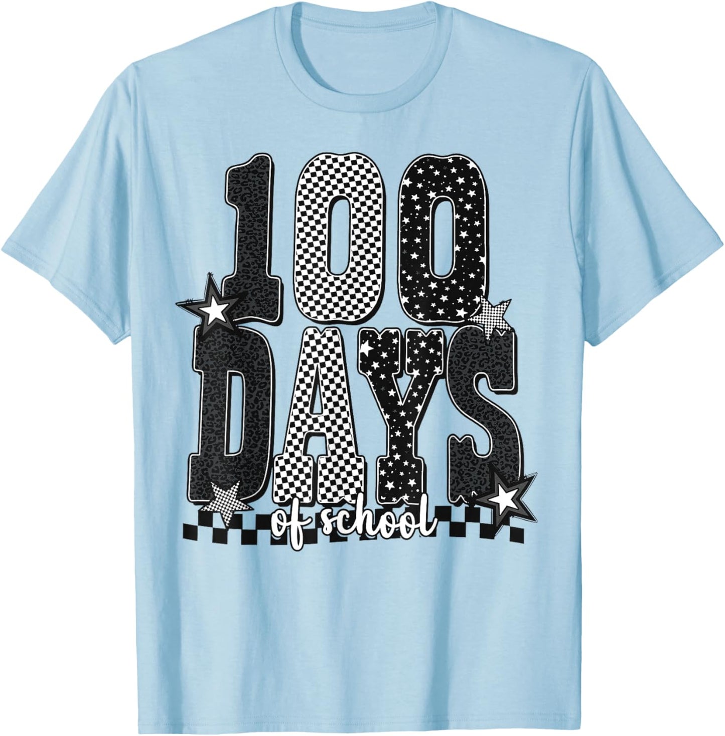 Black White Checkered Leopard 100 Days of School Stars T-Shirt - T-Shirt | Light Blue