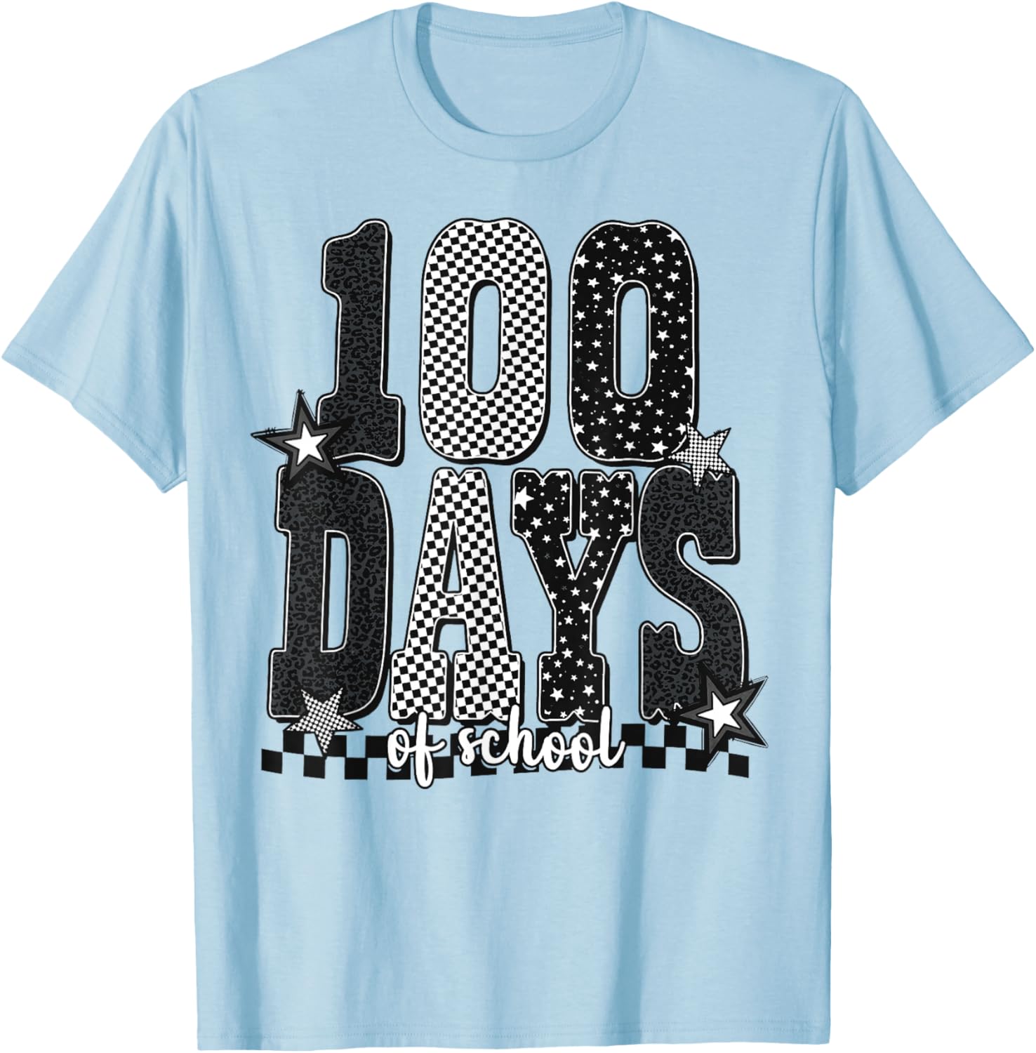 Black White Checkered Leopard 100 Days of School Stars T-Shirt - T-Shirt | Light Blue