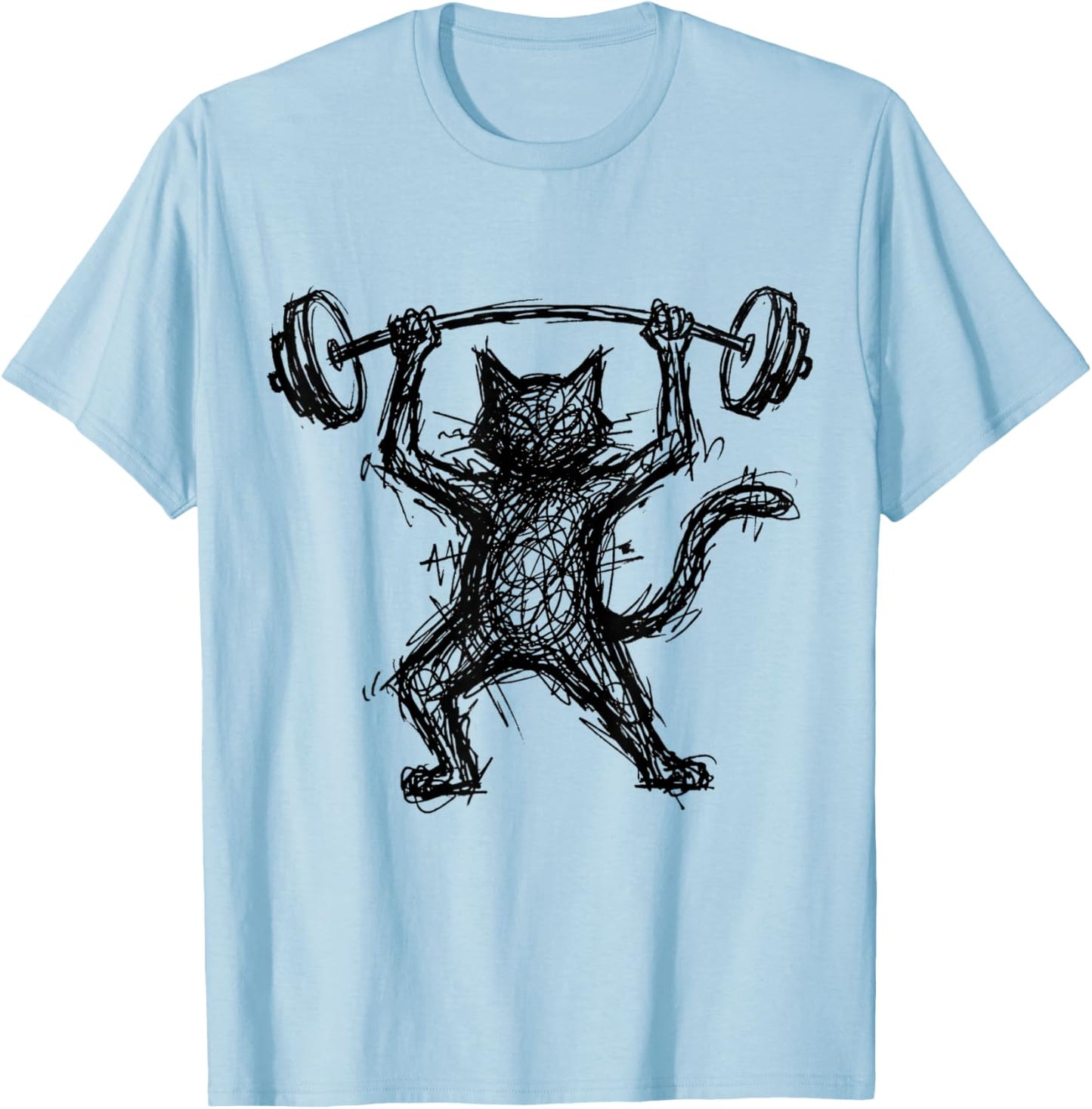 Cat Lifting Weights Abstract Scribble Art Gym Weightlifting T-Shirt - T-Shirt | Light Blue