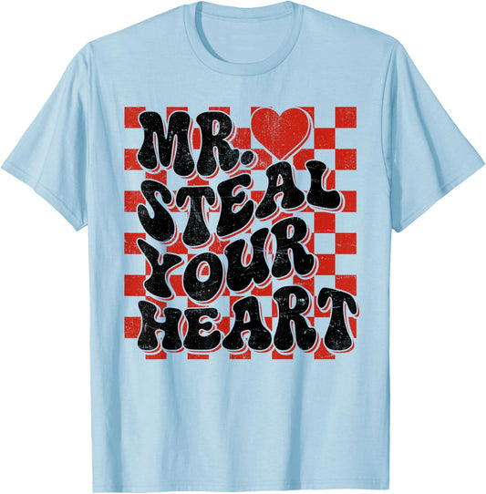 Cute Valentine Boy Mr Steal Your Heart Checkered Heart Kids T-Shirt - T-Shirt | Light Blue