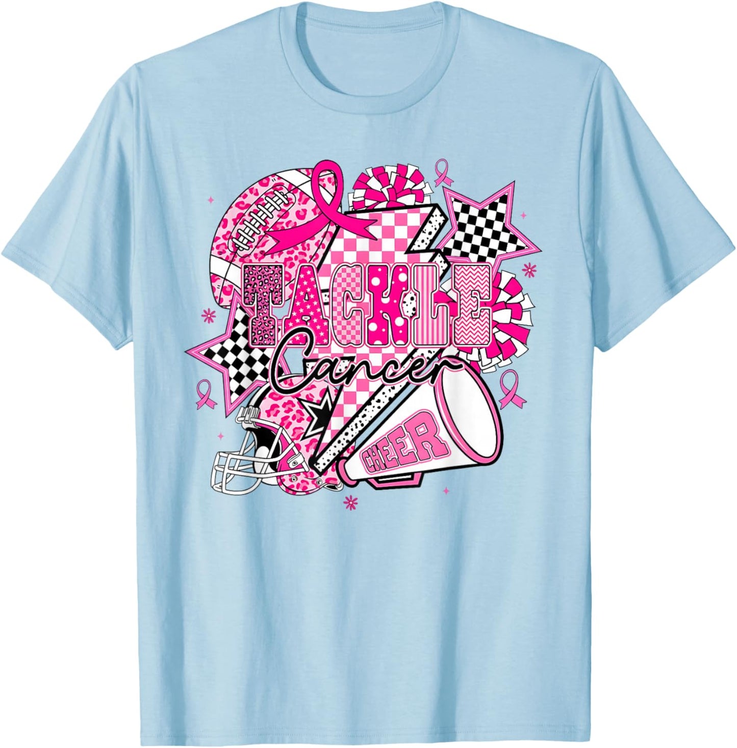 Tackle Cancer Football Cheer Breast Cancer Awareness T-Shirt - T-Shirt | Light Blue