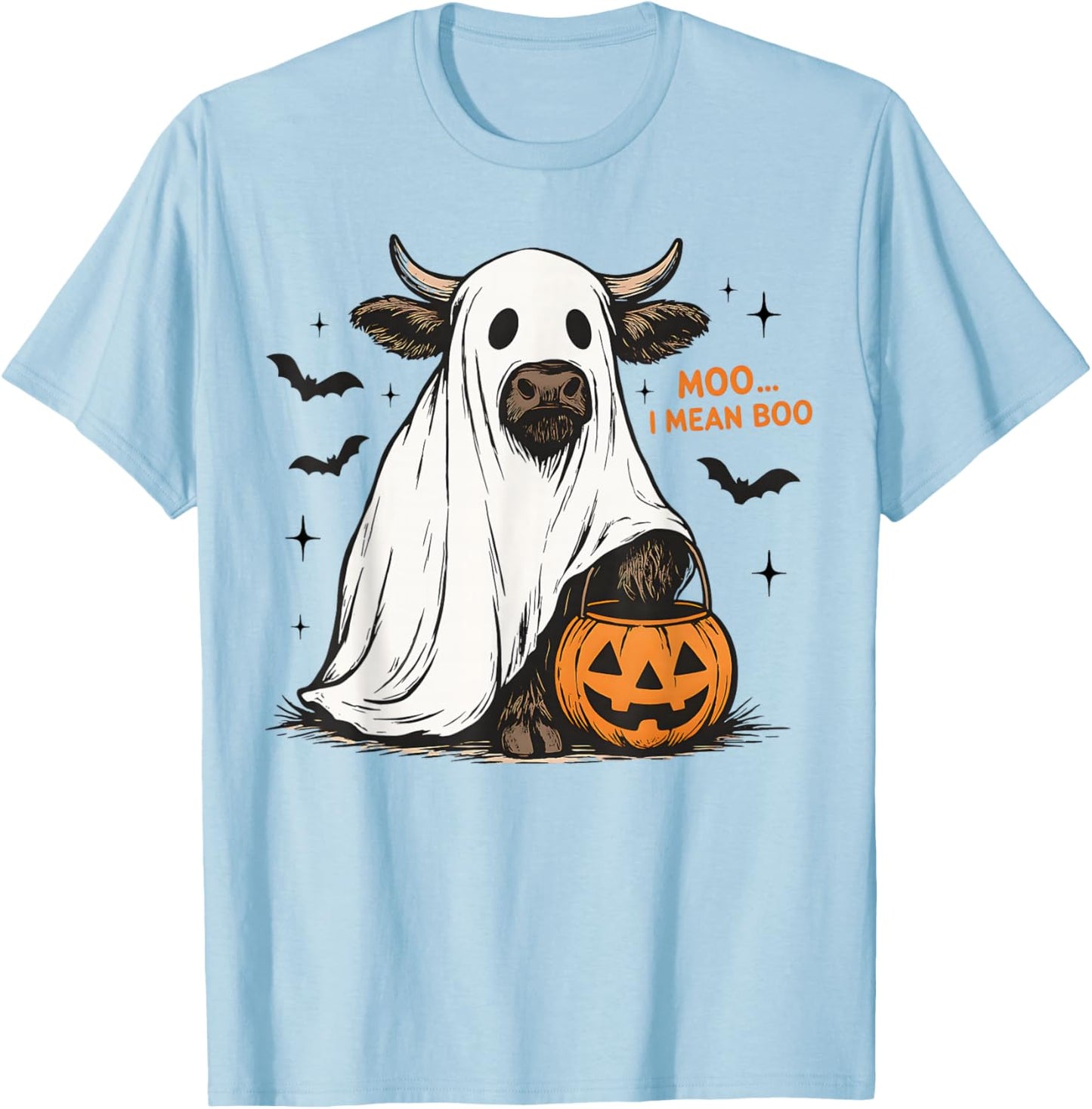 Moo I Mean Boo Funny Highland Cow Ghost Halloween Farmer T-Shirt - T-Shirt | Light Blue