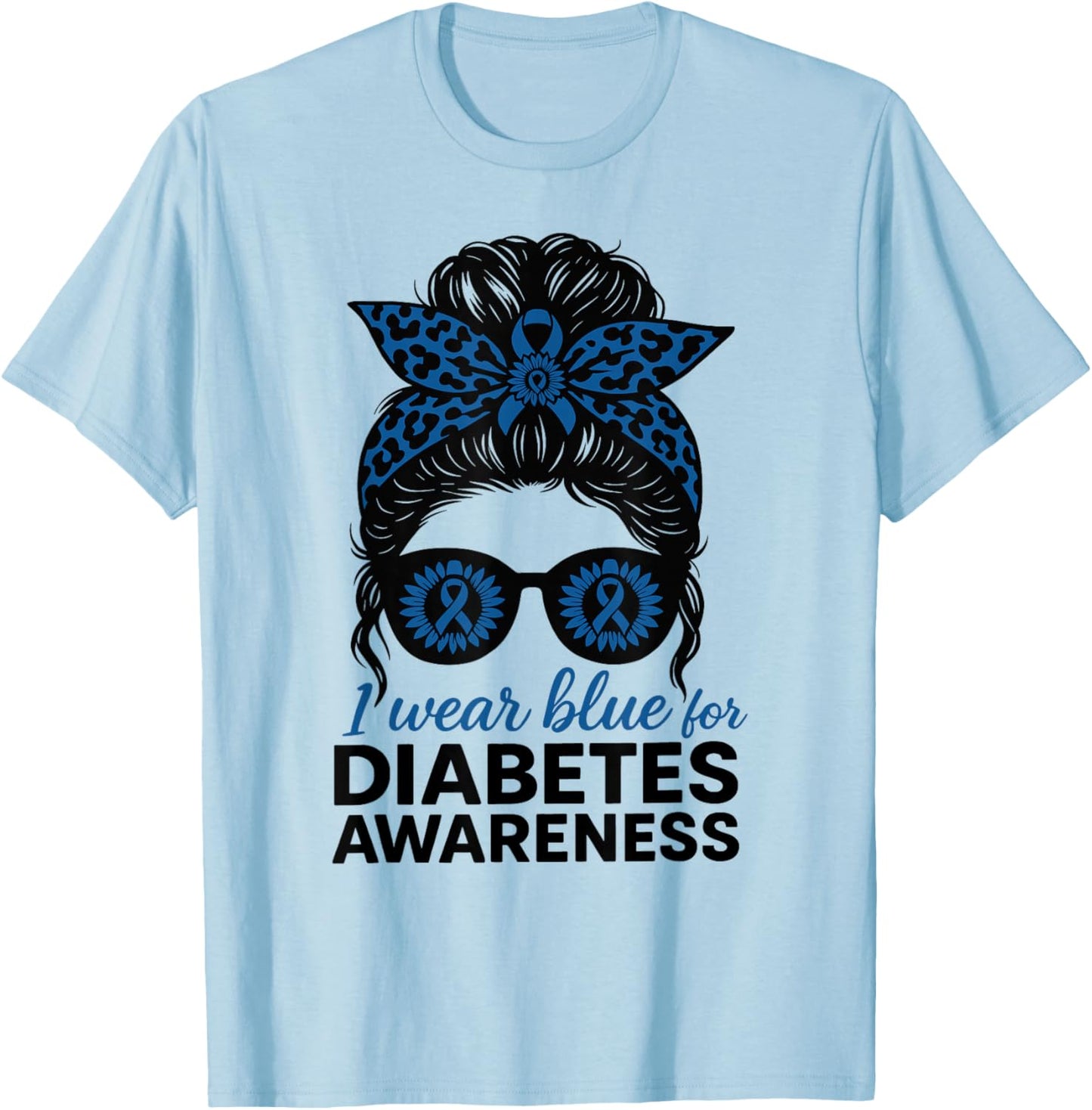 I Wear Blue for Diabetes Awareness Leopard Messy Bun T-Shirt - T-Shirt | Light Blue