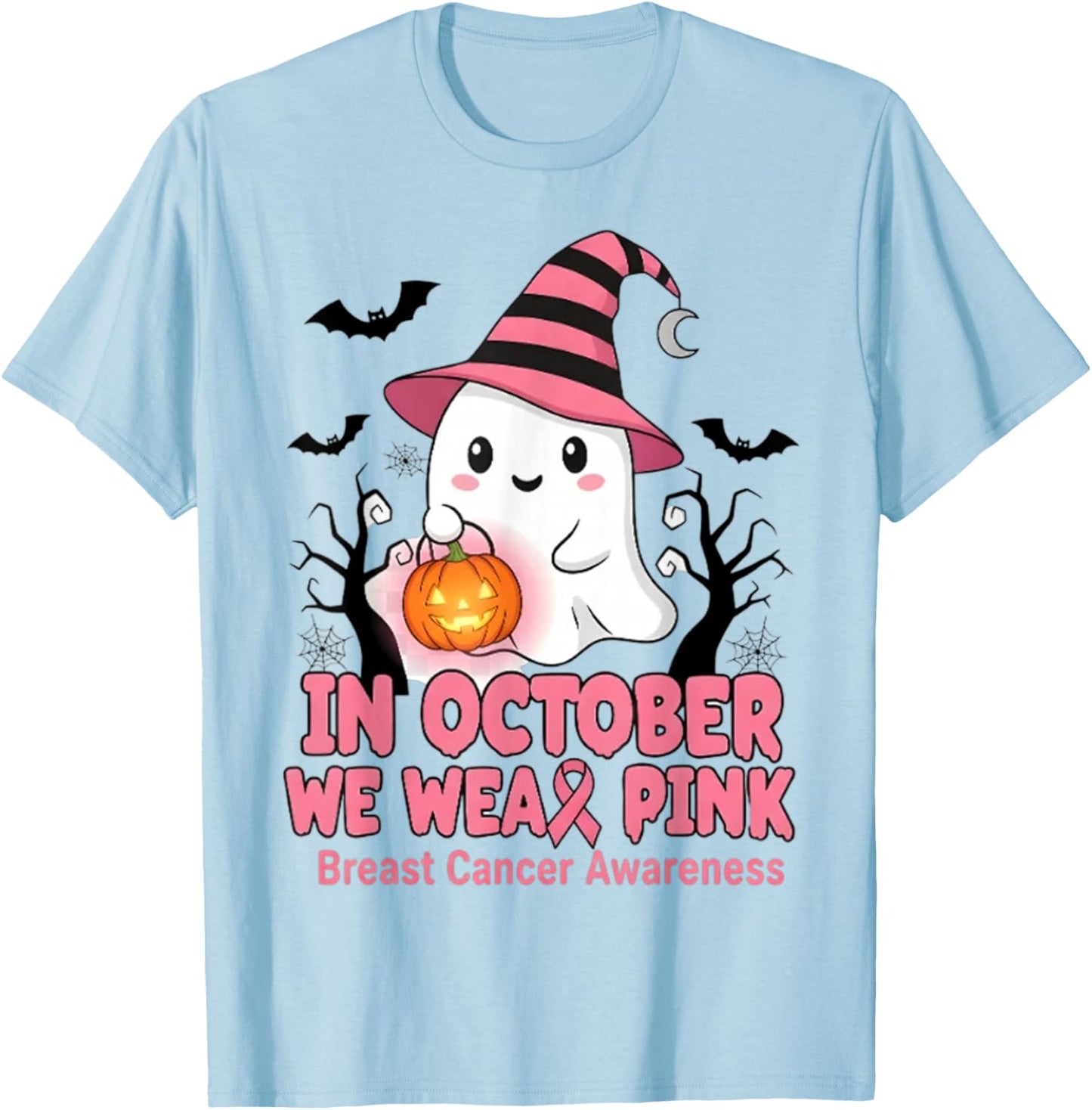 in October We Wear Pink Ghost Witch Breast Cancer Awareness T-Shirt - T-Shirt | Light Blue