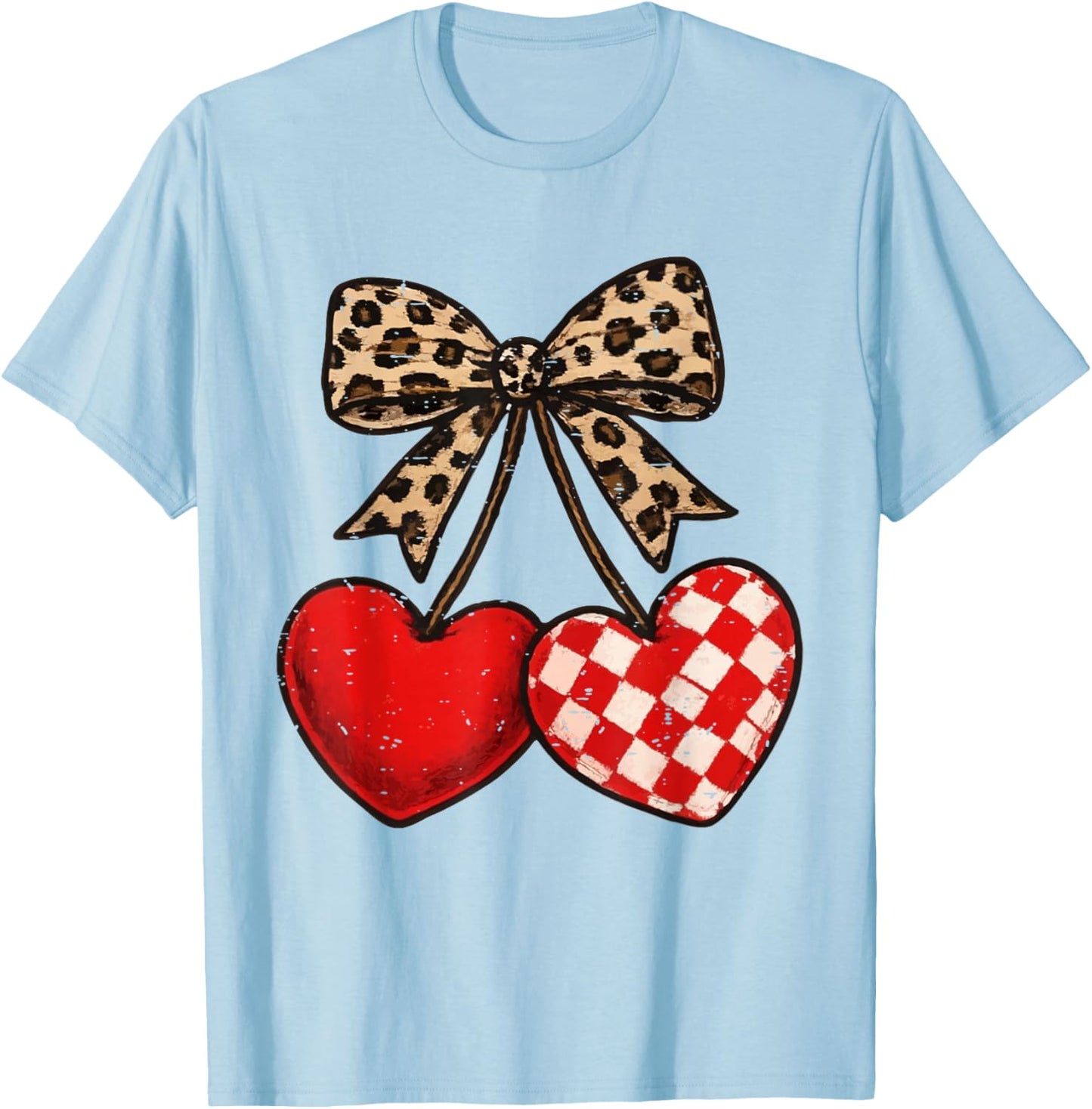 Leopard Coquette Bow Cherries Heart Funny Valentine Cherry T-Shirt - T-Shirt | Light Blue