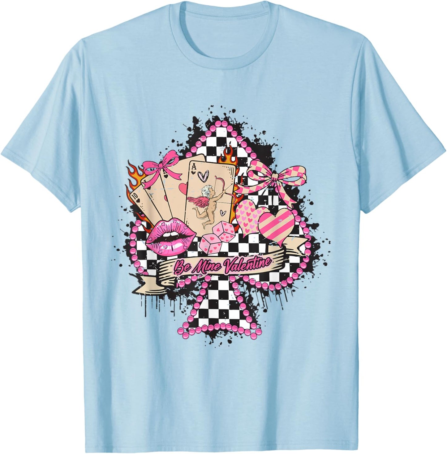 Retro Checkered Western Be Mine Valentine Cherry Bow Cupid T-Shirt - T-Shirt | Light Blue