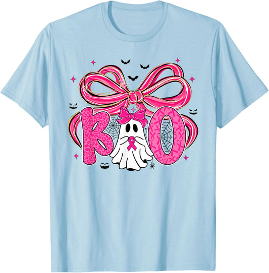 Coquette Bow Ghost Boo Breast Cancer Awareness Halloween T-Shirt - T-Shirt | Light Blue