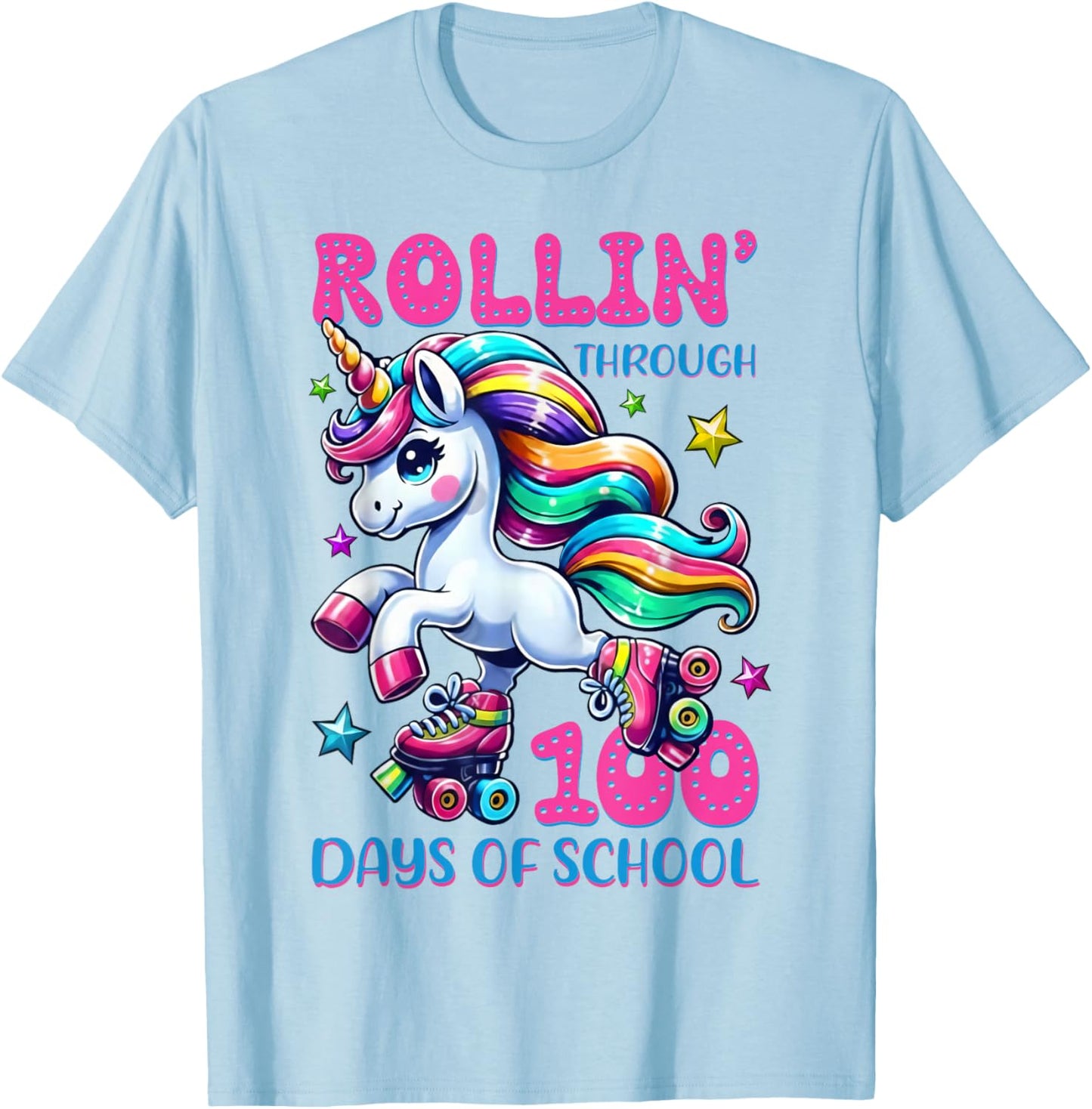 Rollin' Thought 100th Day of School Cute Unicorn Kids Girls T-Shirt - T-Shirt | Light Blue