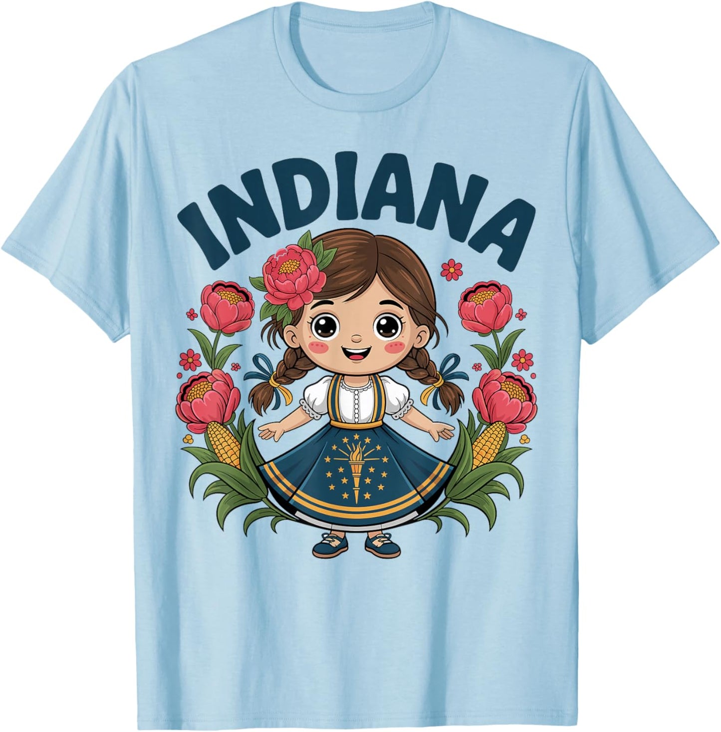 Cute Indiana Girl with State Flag Dress for Kids T-Shirt - T-Shirt | Light Blue