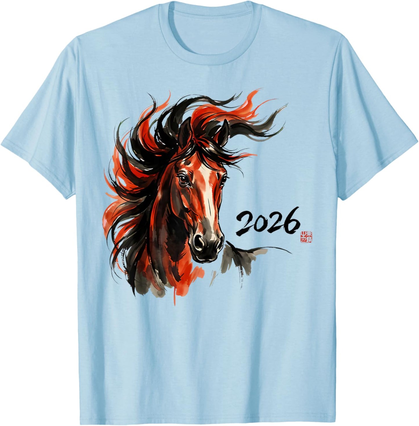 Year of The Horse Chinese New Year 2026 Traditional Art T-Shirt - T-Shirt | Light Blue