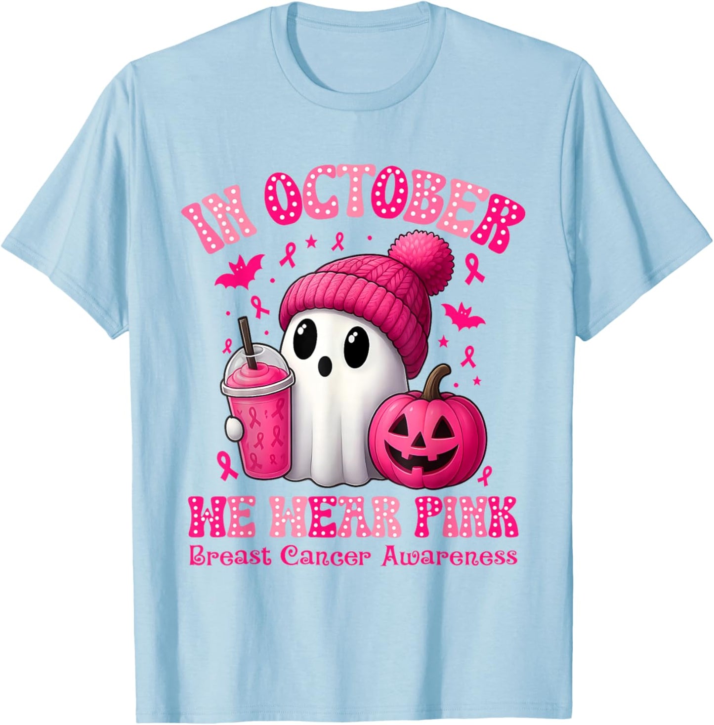 in October We Wear Pink Breast Cancer Awareness T-Shirt - T-Shirt | Light Blue