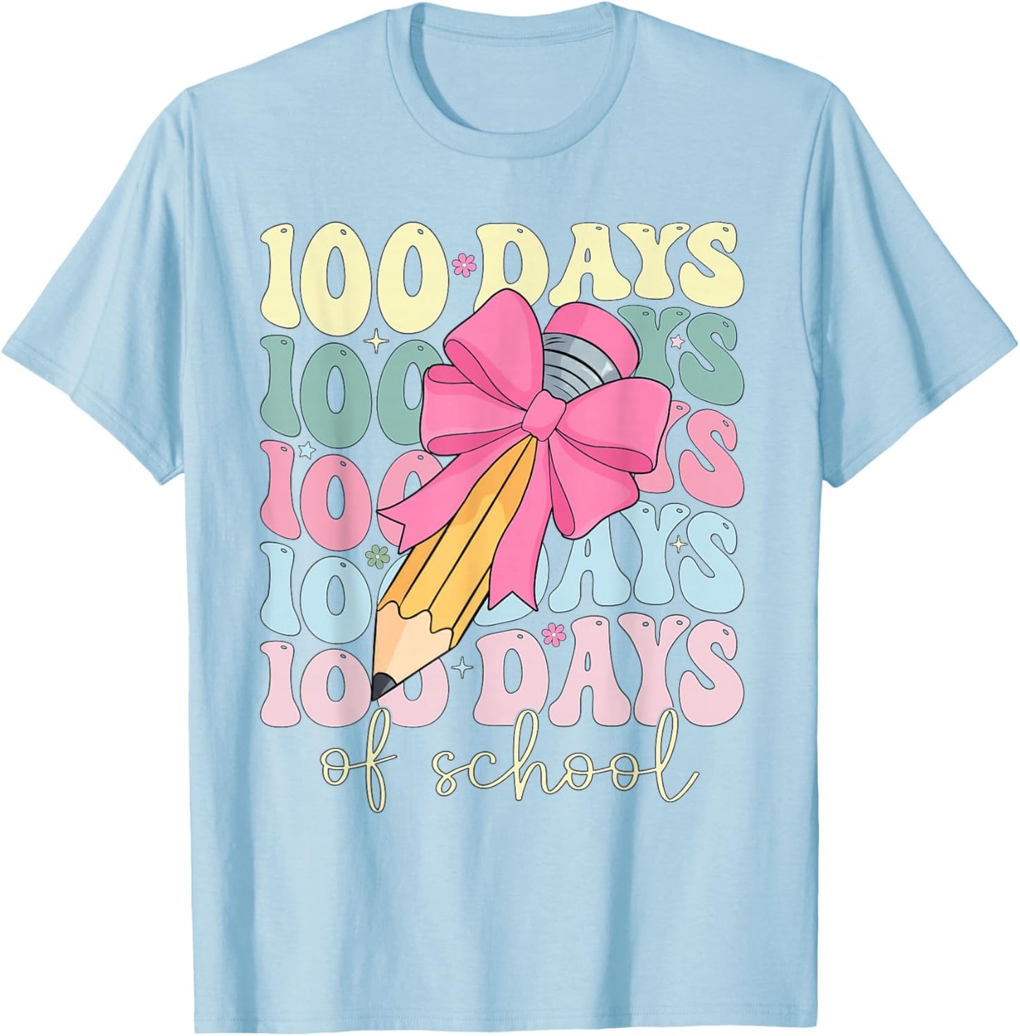 Cute Coquette Bow 100 Days of School Teacher Girls Kids T-Shirt - T-Shirt | Light Blue