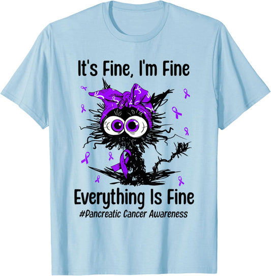 Motivational Pancreatic Cancer Awareness Cat Ribbon Purple T-Shirt - T-Shirt | Light Blue