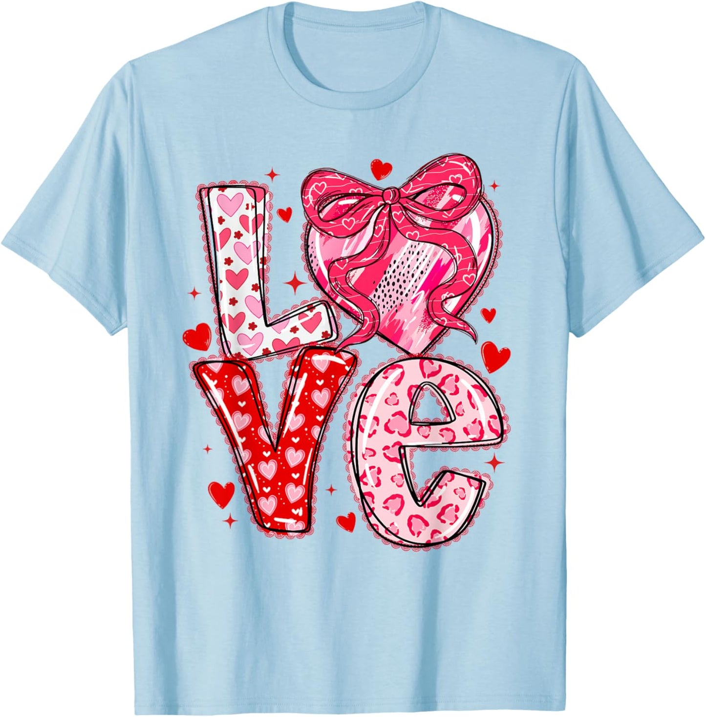 Valentines Day Love Hearts Leopard Coquette Bow Women Girls T-Shirt - T-Shirt | Light Blue