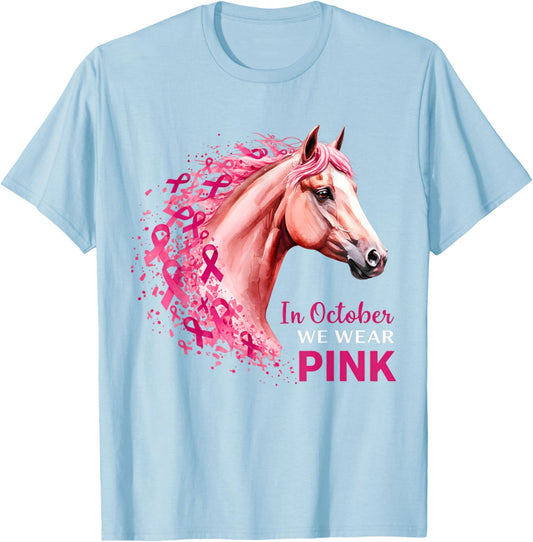 in October We Wear Pink Horse Breast Cancer Awareness T-Shirt - T-Shirt | Light Blue