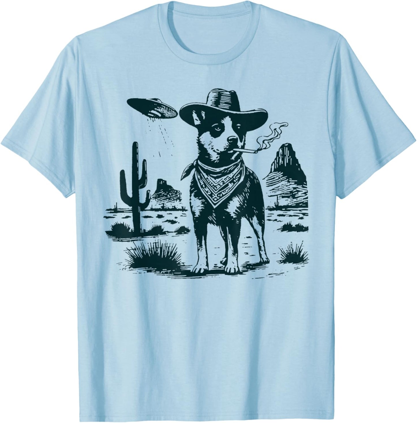 Australian Cattle Dog Smoking with UFO Western Cowboy Dog T-Shirt - T-Shirt | Light Blue