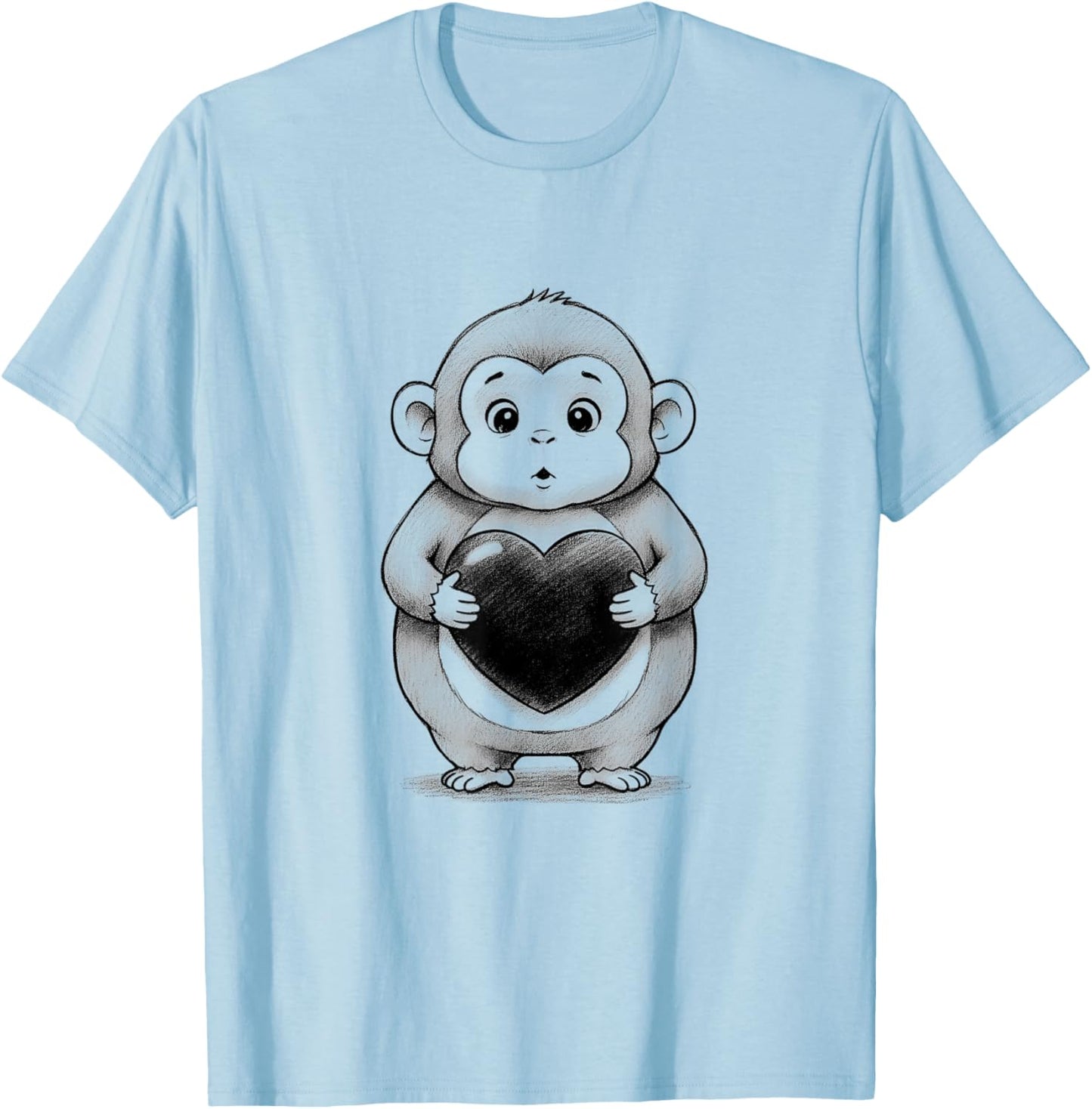 Monkey Chubby Holding a Heart Valentines Day T-Shirt - T-Shirt | Light Blue