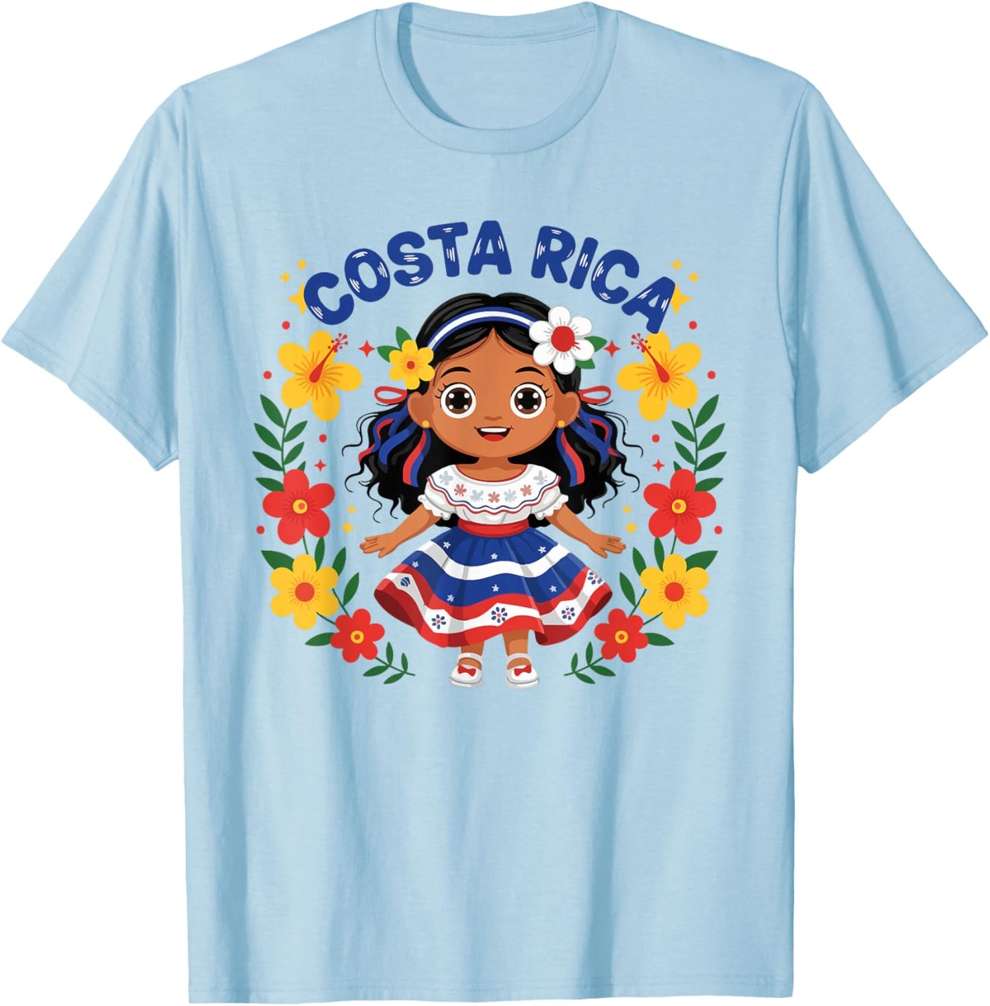 Costa Rica Costa Rican Girl Traditional Dress Flowers T-Shirt - T-Shirt | Light Blue