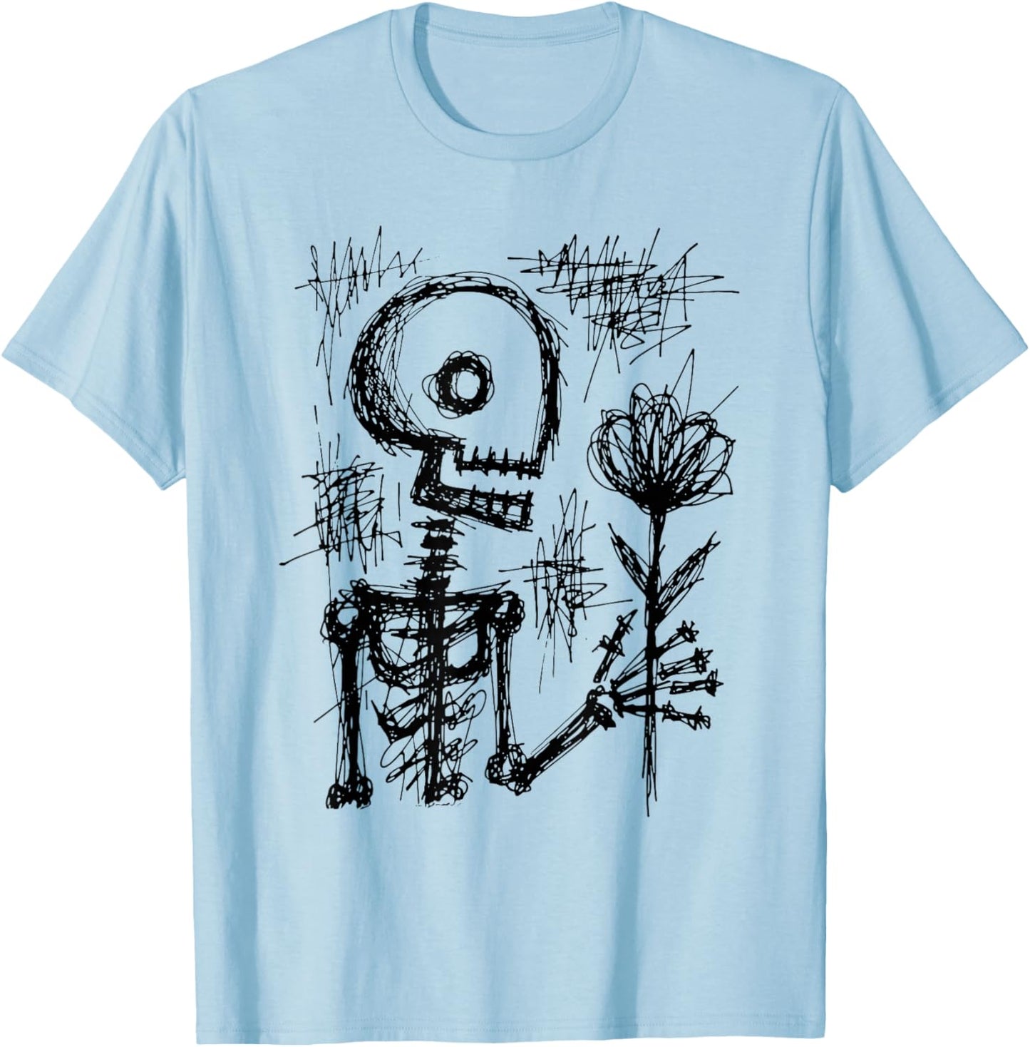 Hand Drawn Skeleton Holding Flower T-Shirt - T-Shirt | Light Blue