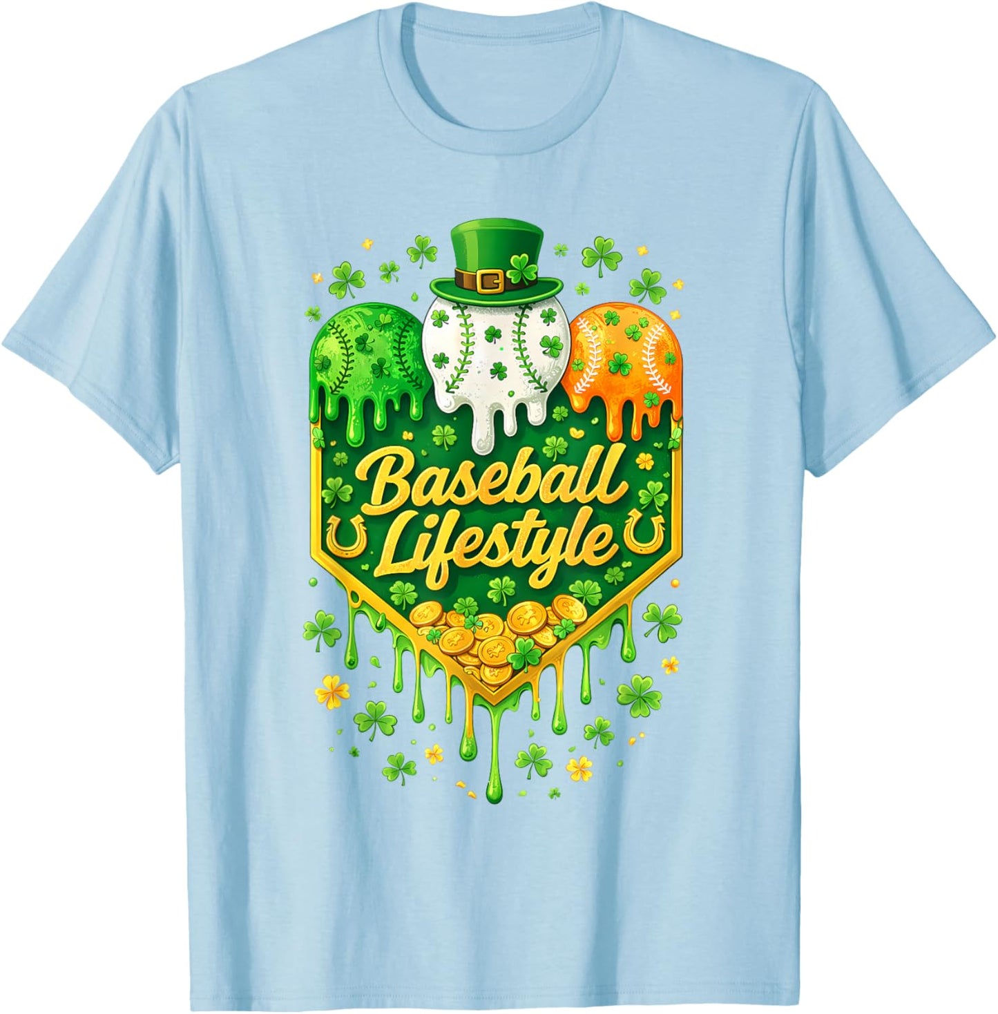 Baseball Drip Ice Cream Shamrock Youth Boy St Patricks Day T-Shirt - T-Shirt | Light Blue