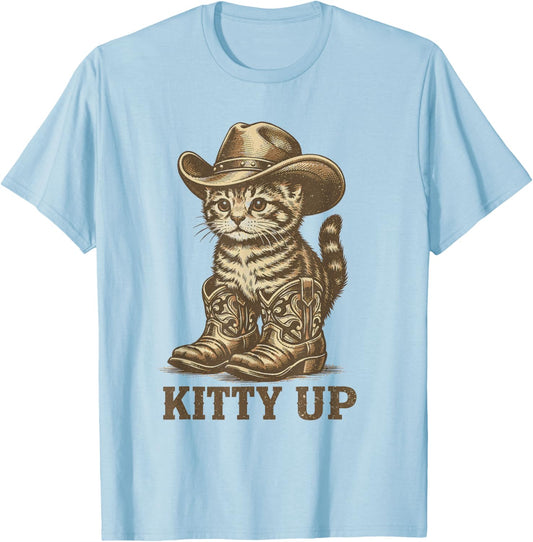 Kitty Up Vintage Western Country Music Funny Cowboy Cat T-Shirt - T-Shirt | Light Blue