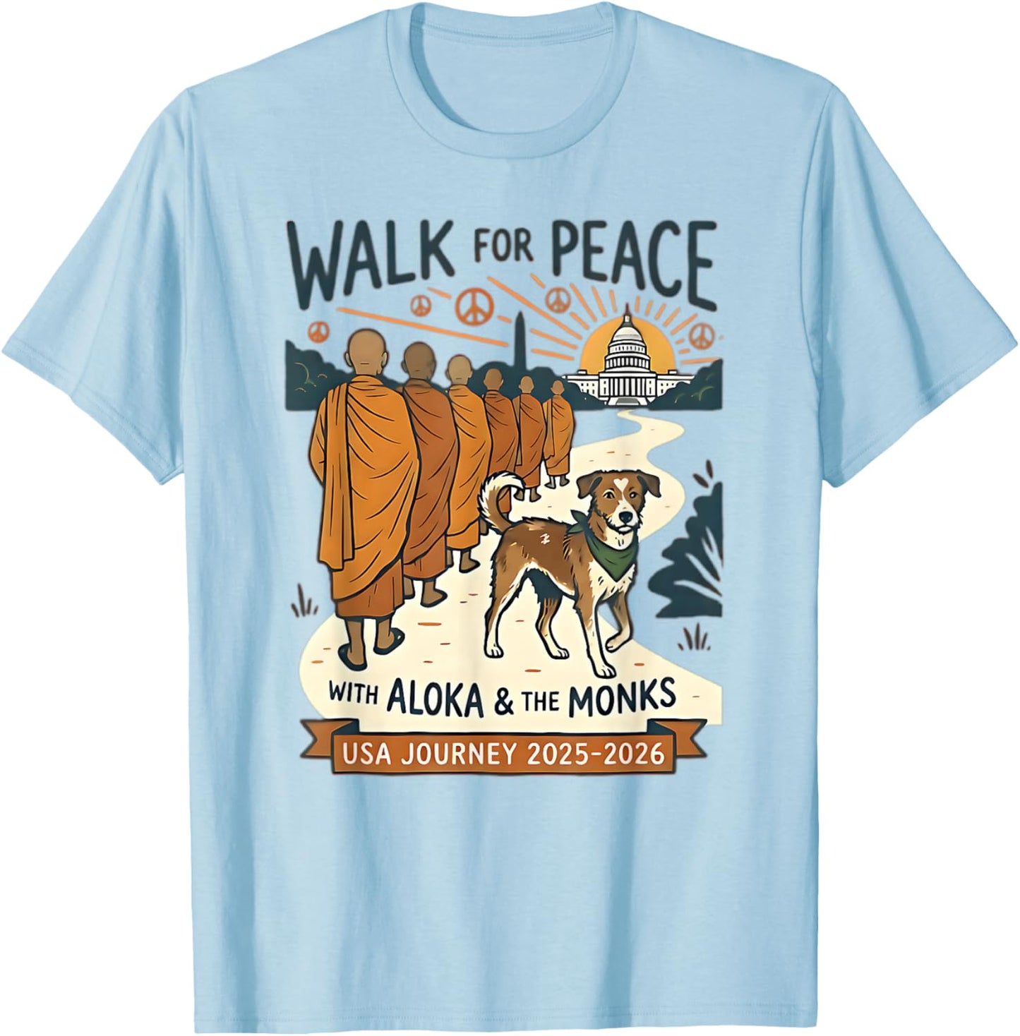 Walk for Peace Monks Dog USA Journey 2025-2026 Vintage Zen T-Shirt - T-Shirt | Light Blue