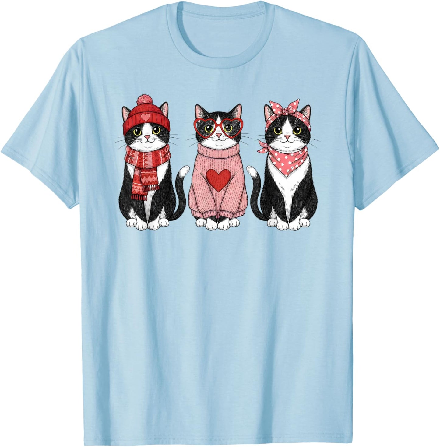 Retro Tuxedo Cat Cute Valentine T-Shirt - T-Shirt | Light Blue