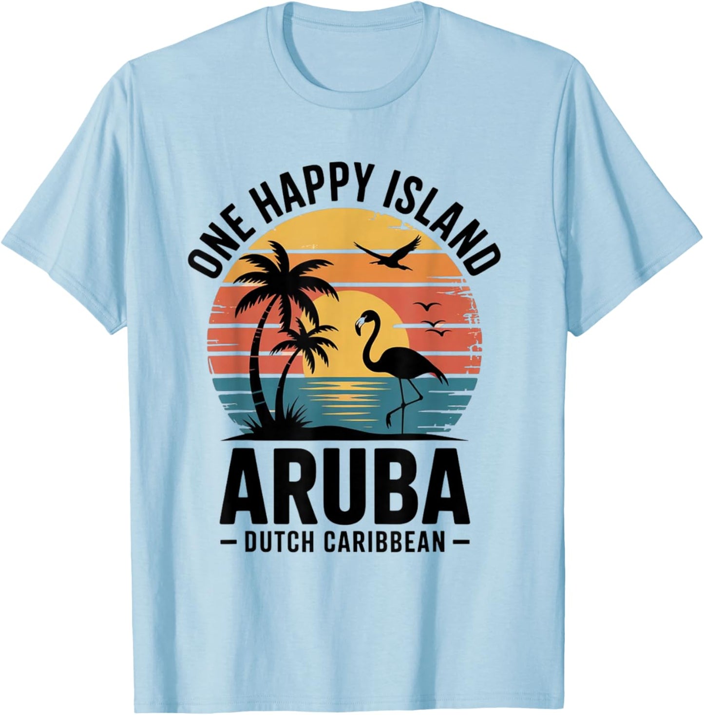 Aruba One Happy Island Flamingo Sunset Retro Vintage Beach T-Shirt - T-Shirt | Light Blue