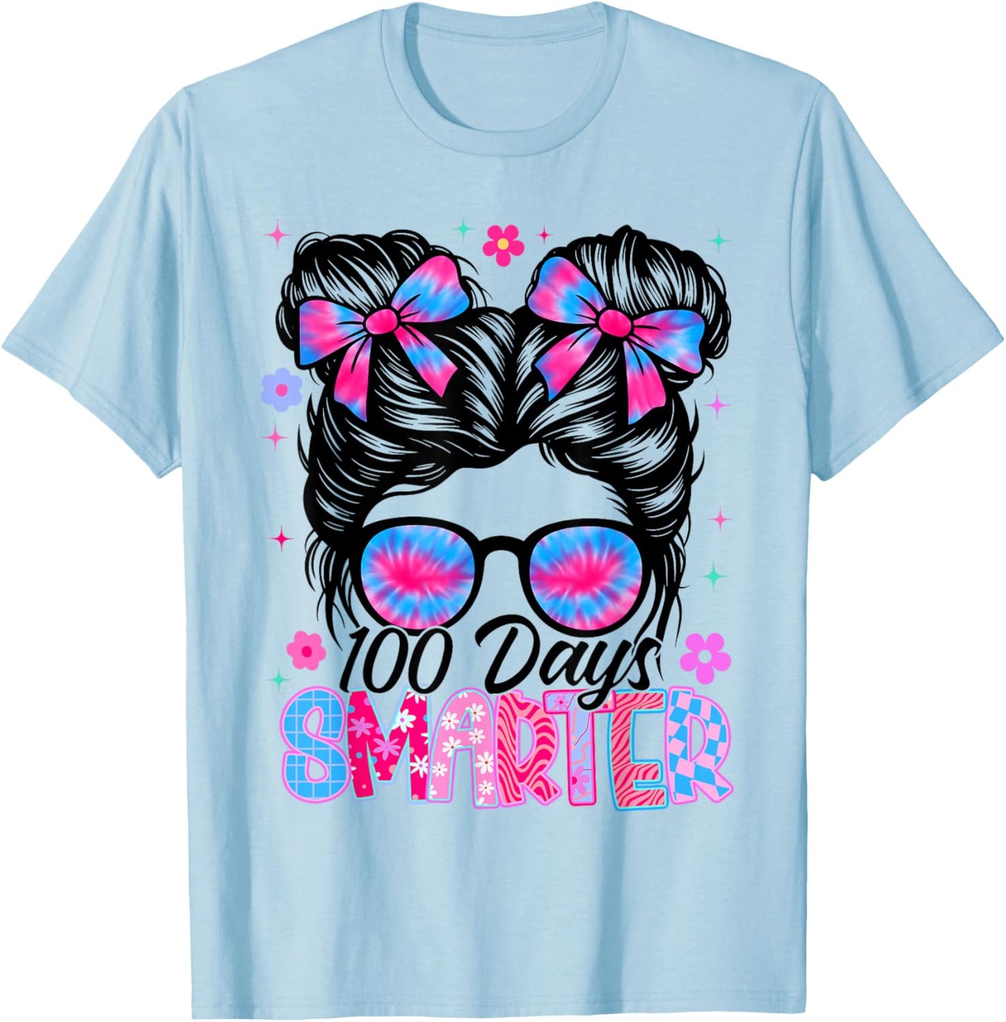 Messy Bun 100 Days Smarter 100th Day of School Girl Tie Dye T-Shirt - T-Shirt | Light Blue
