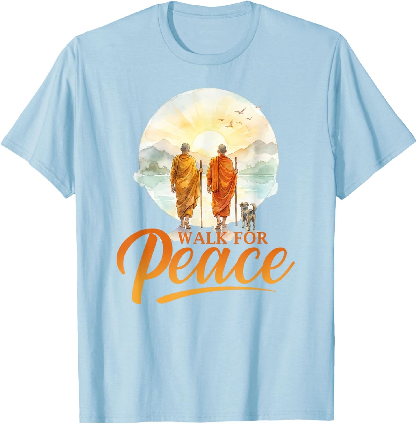 Walk for Peace Monks with Aloka Dog Minimalist Zen Art T-Shirt - T-Shirt | Light Blue