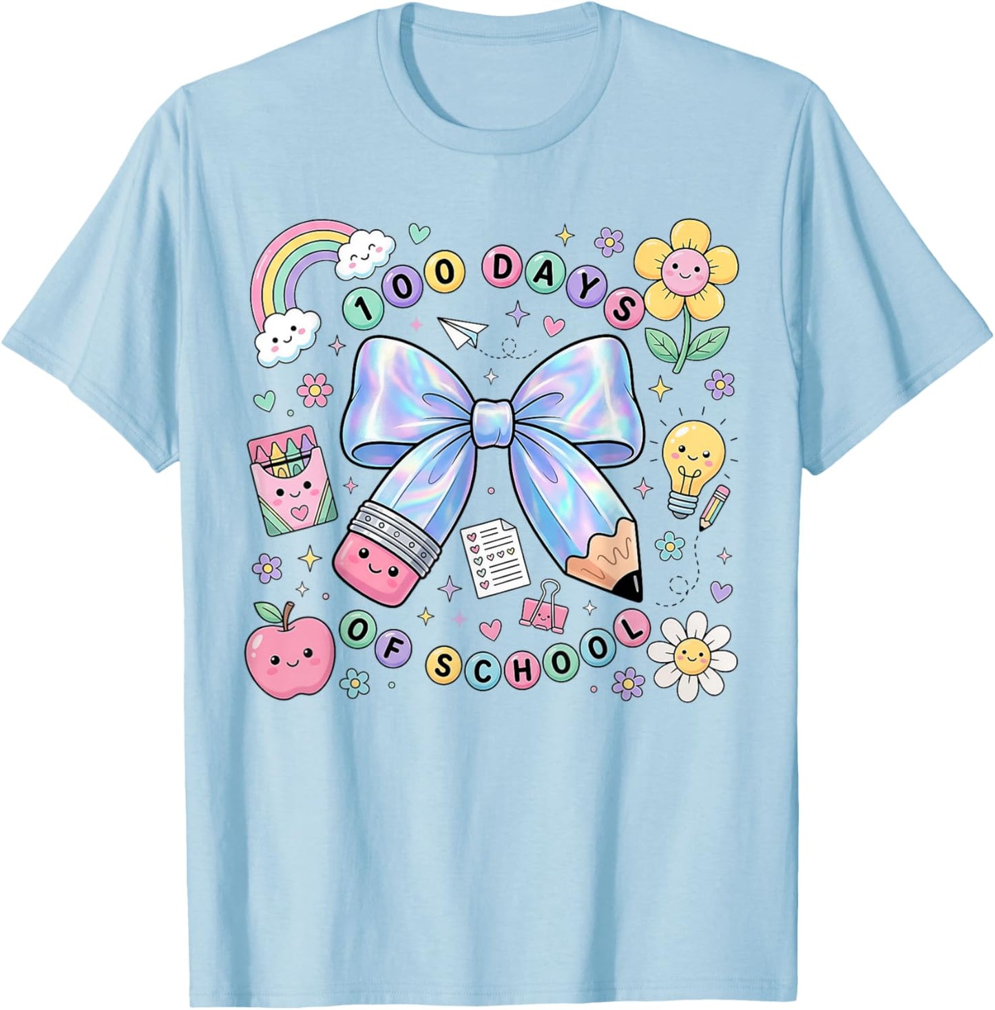 100 Days of School Coquette Pencil Bow Ribbon Floral Girl T-Shirt - T-Shirt | Light Blue