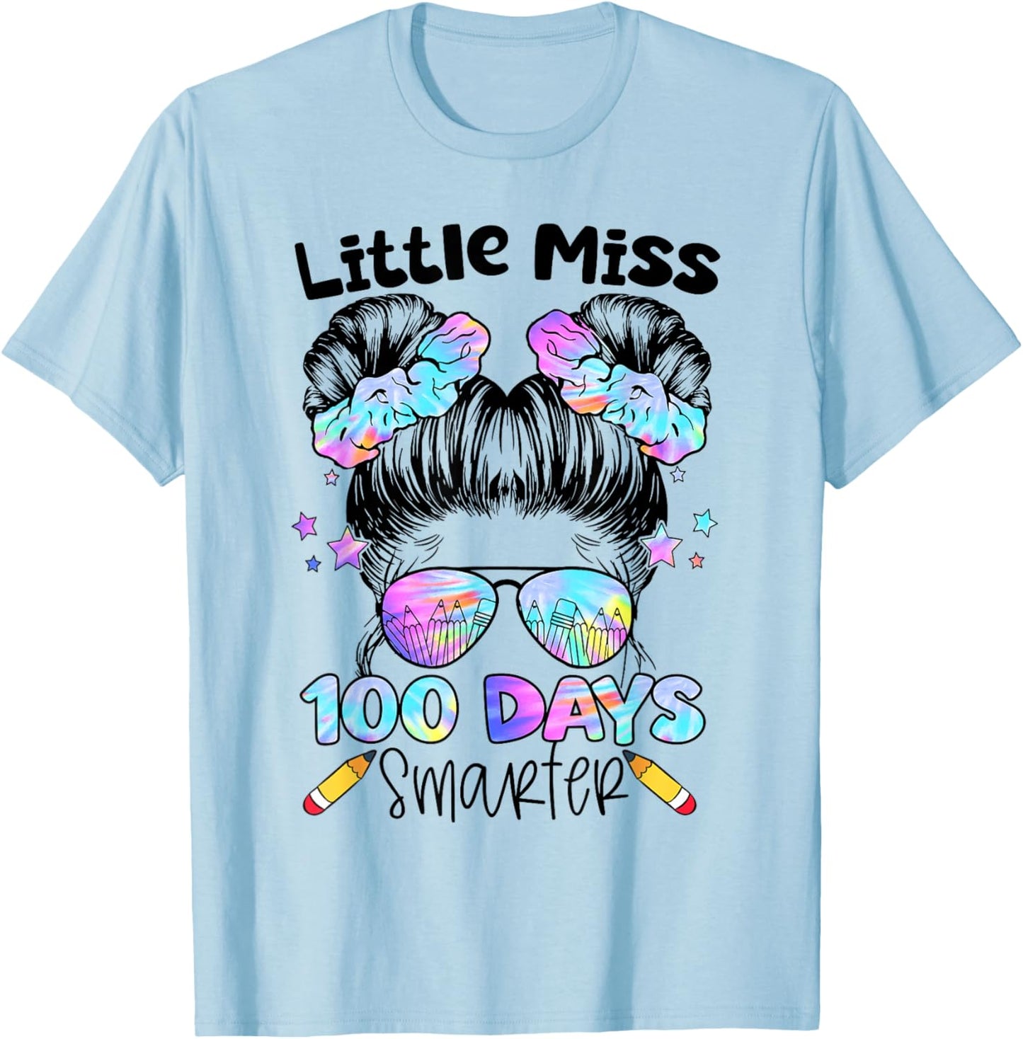 100 Days Smarter Messy Bun 100th Day of School Girls Kids T-Shirt - T-Shirt | Light Blue