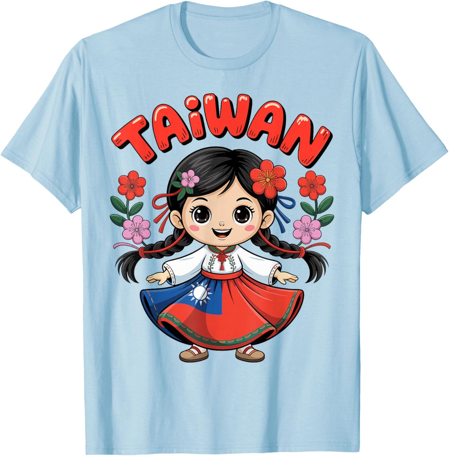 Cute Taiwan Girl Traditional Dress with Plum Blossoms Kids T-Shirt - T-Shirt | Light Blue